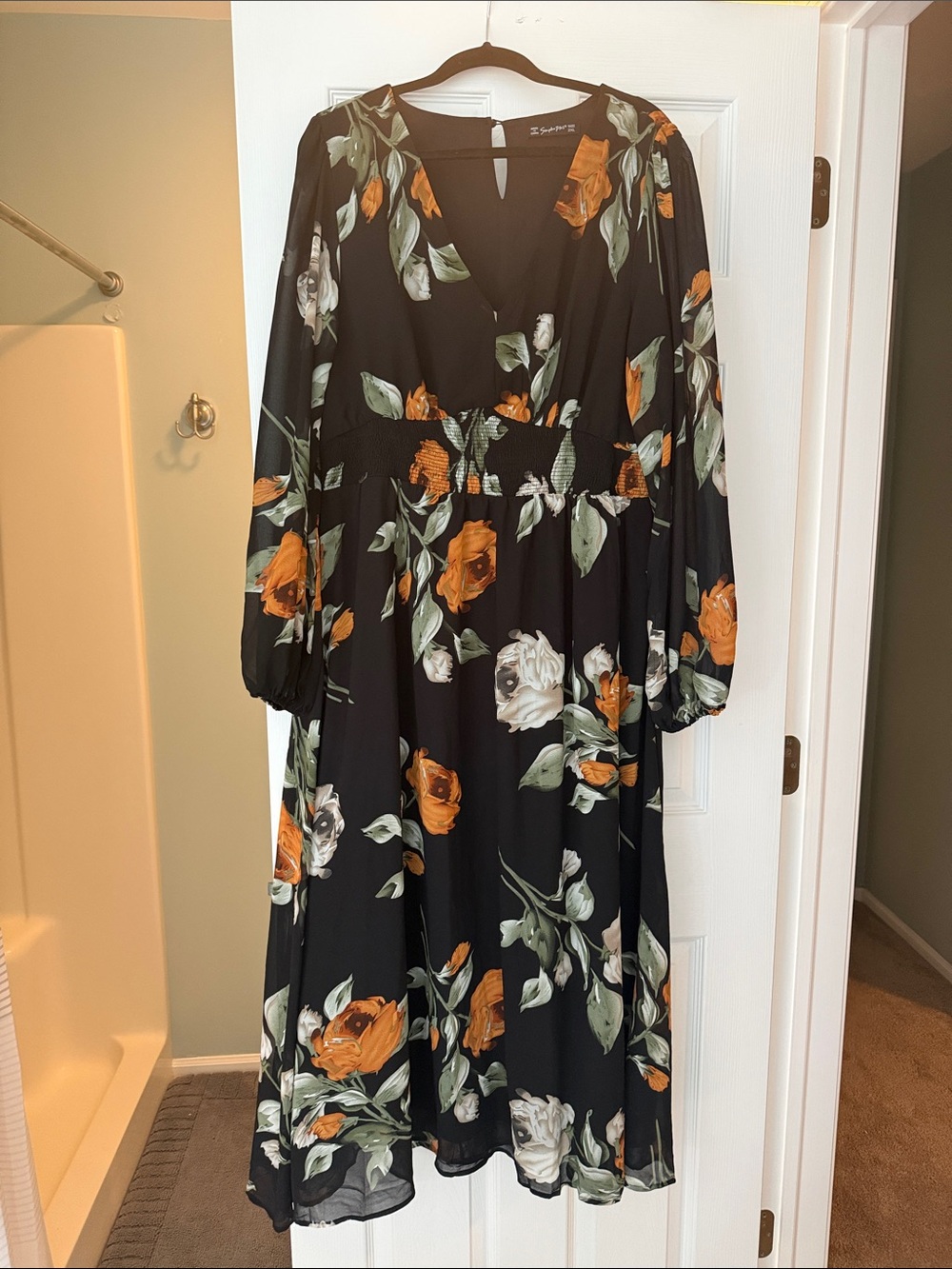 Simplee Apparel Black Maxi Dress with Orange & Cream Floral Print